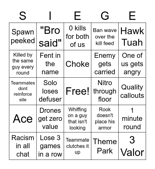 Siege Bingo Card