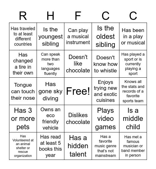 Get to know you Bingo Card