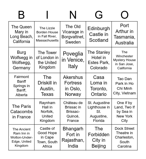 25 Most Haunted Places in the World Bingo Card