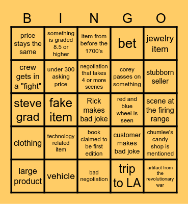 Pawn stars Bingo Card
