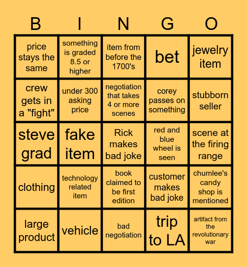 Pawn stars Bingo Card