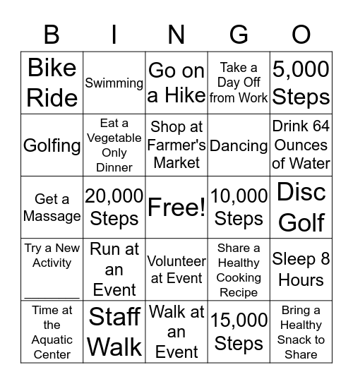 Wellness Activity Bingo Challenge Bingo Card