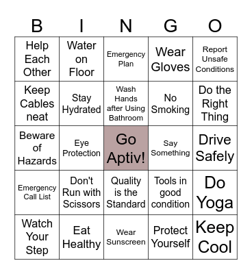 Safety Bingo Card