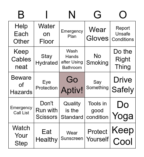 Safety Bingo Card