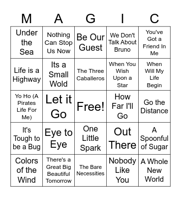 Disney Music Bingo Card