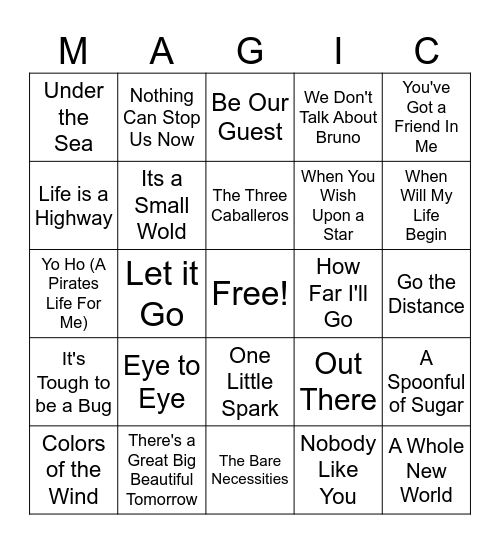 Disney Music Bingo Card