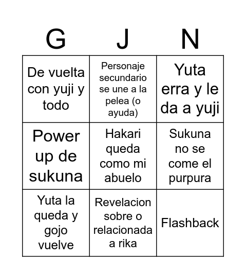 Jujutsu kaisen Bingo Card