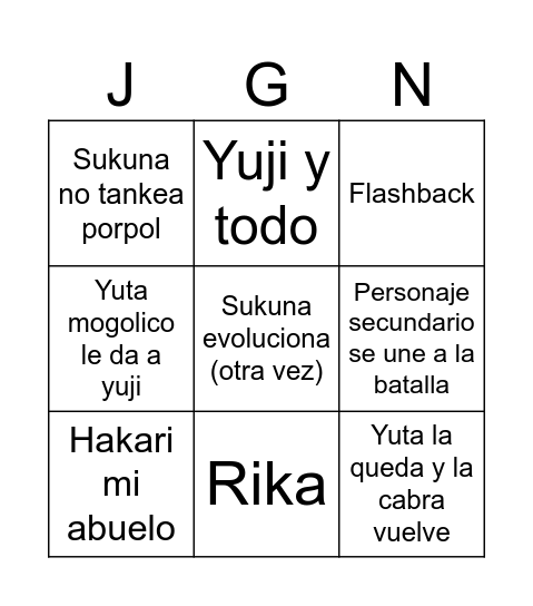 Jujutsu kaisen Bingo Card