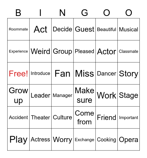 Bingo M.2 unit 1 vocabbulary Bingo Card