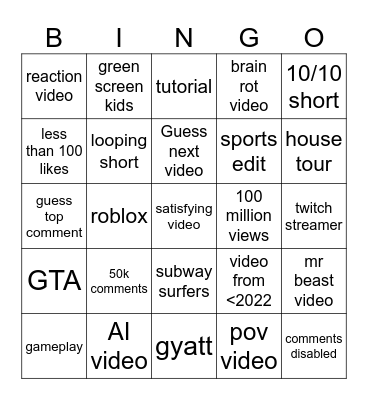 YouTube shorts bingo Card