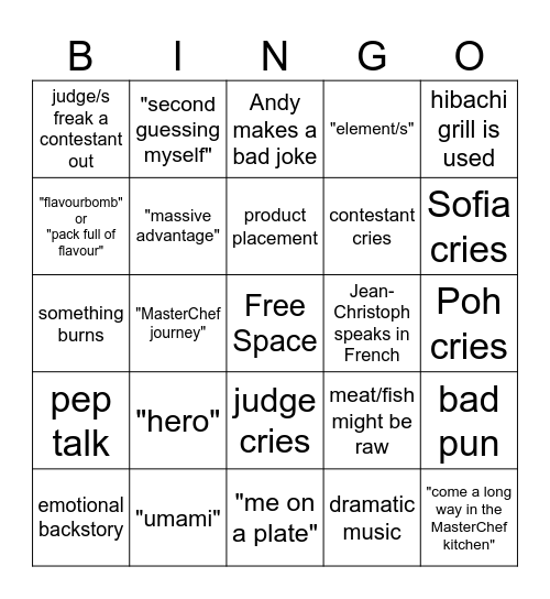 MasterChef Finale 2024 Bingo Card