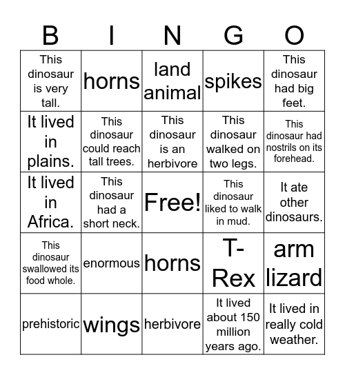 Dinosaurs Bingo Card