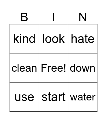 English bingo Card