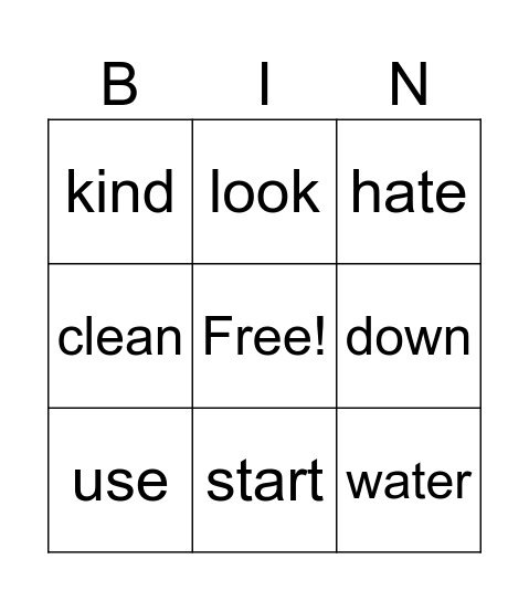 English bingo Card