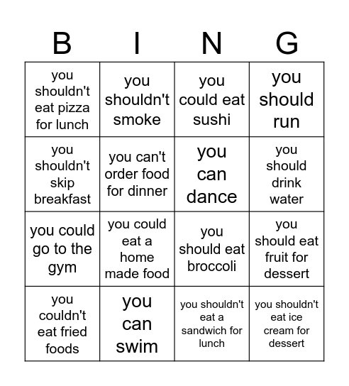 Healthy Habits Bingo Card