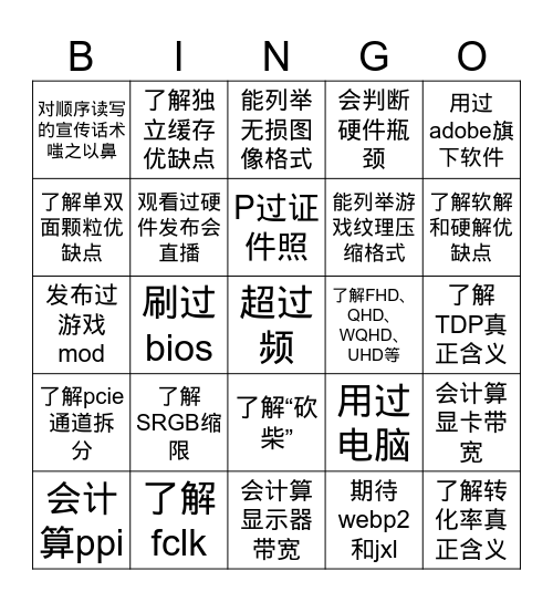 网民diy浓度宾果 Bingo Card