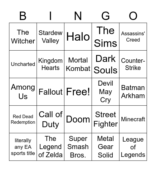 video games Bingo Card