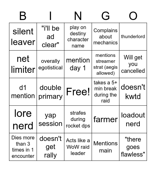 Destiny 2 Lfg Bingo Card