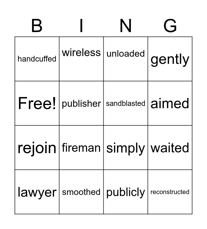 Prefixes and Suffixes Bingo Card