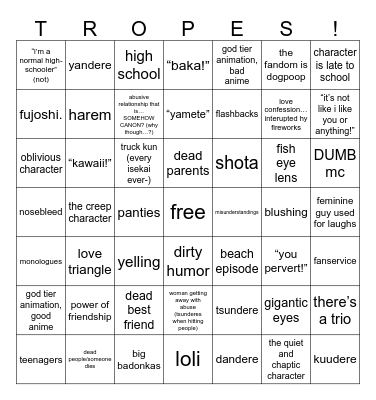 A N I M E  TROPE BINGO Card