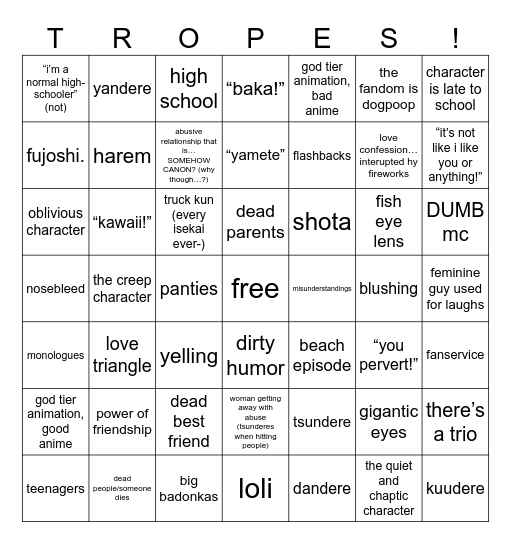 A N I M E  TROPE BINGO Card