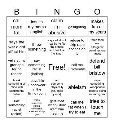 Abusive Dad Bingo Card