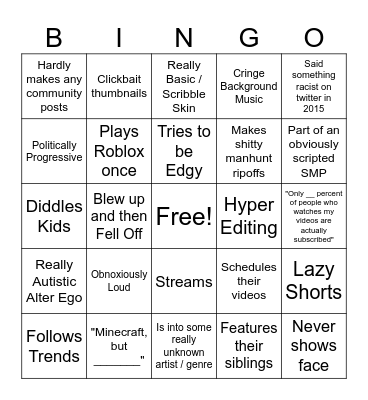 Minecraft Youtuber Bingo Card