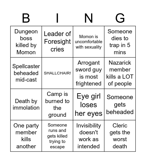 Overlord S3 Dungeon Raid Bingo Card