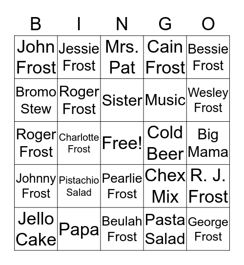 Frost Family Bingo Card