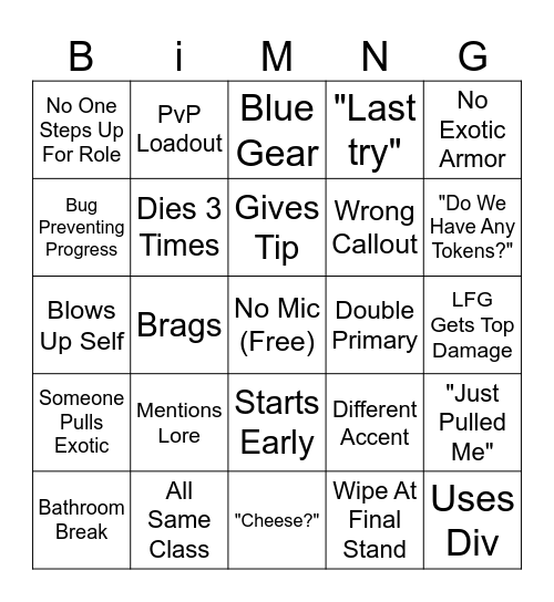 King's Fall LFG Bingo Card