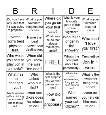 Katherine's Bridal Shower Bingo Card