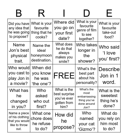 Katherine's Bridal Shower Bingo Card