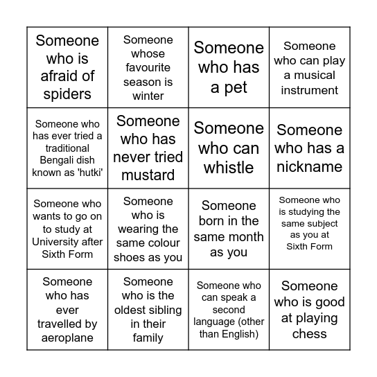 Human Bingo! Find Someone who... Bingo Card