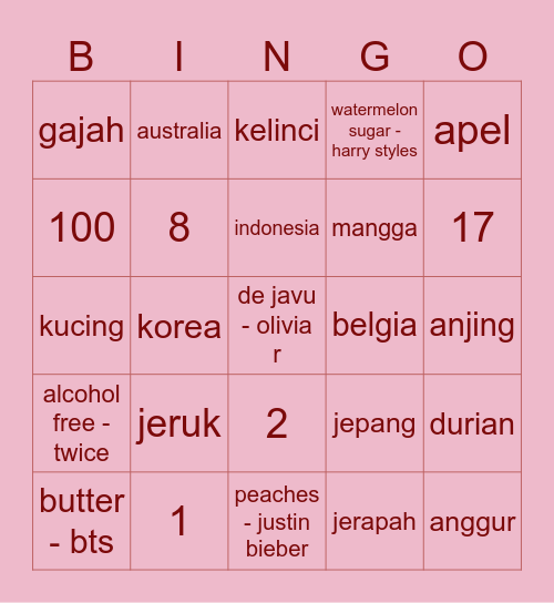 Elessa Bingo Card