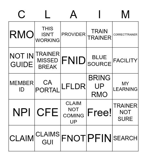 CLAIM TRAINING Bingo Card