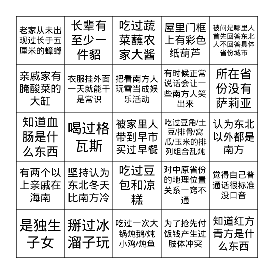 东北人宾果 Bingo Card