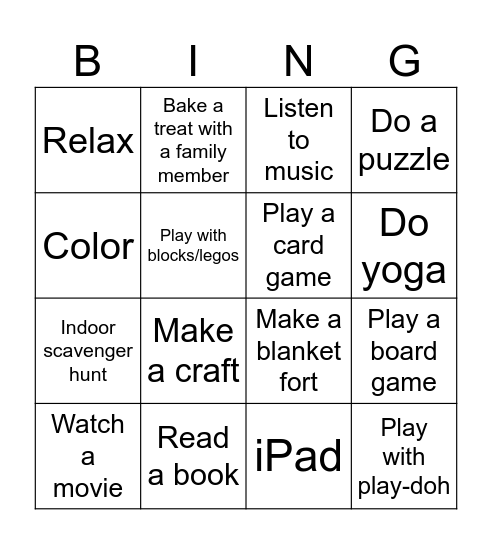 Leisure Bingo Card