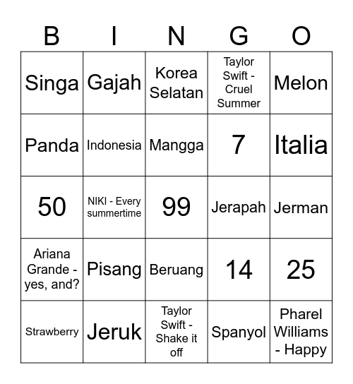 Jaival's Bingo Card