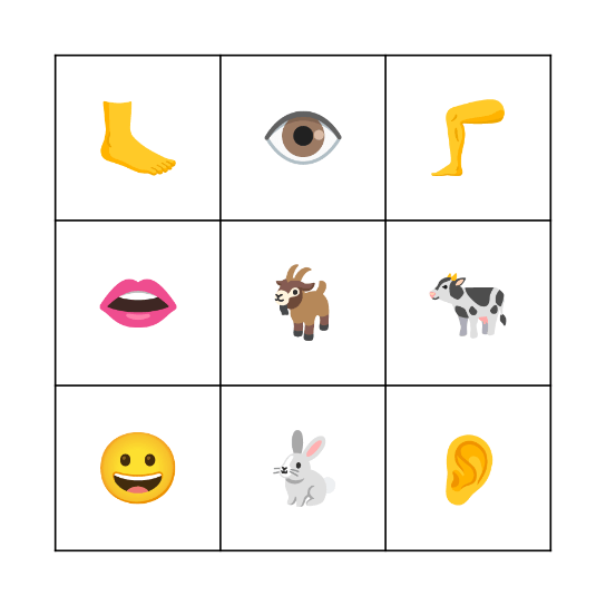 Animals & Body Parts BINGO Card