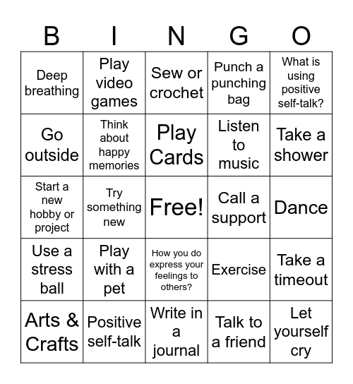 Coping Skills Bingo Card