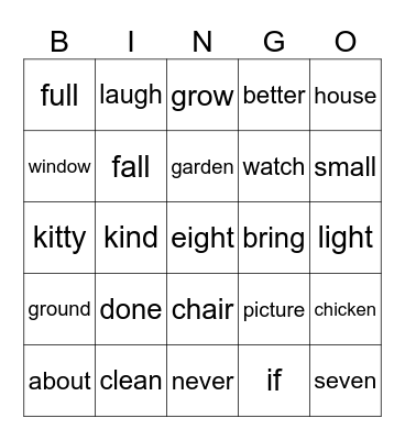 Sight Words Bingo Card
