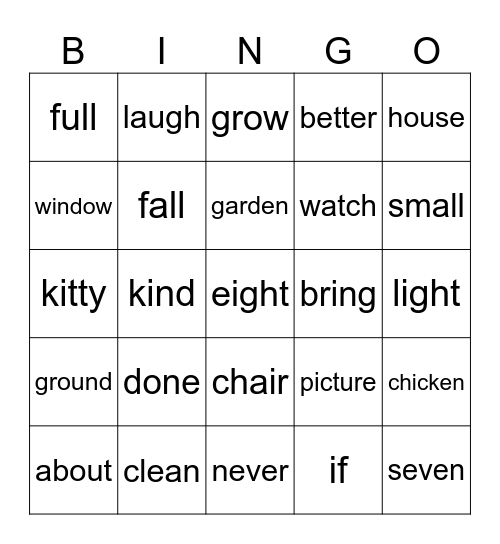 Sight Words Bingo Card