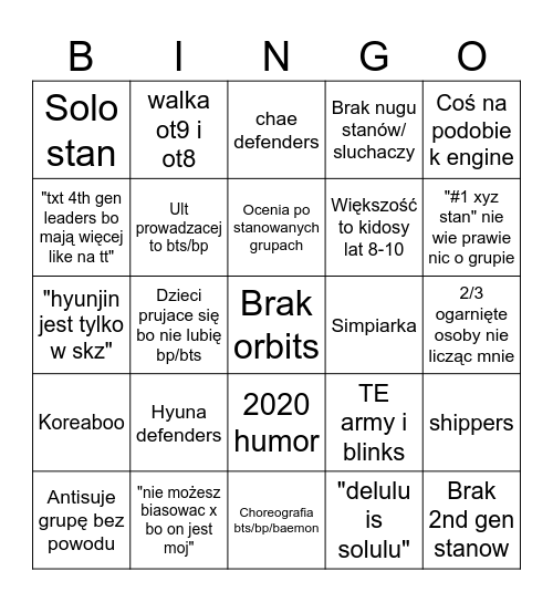 kpop warsztaty(nie chce tam byc) Bingo Card