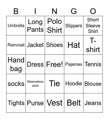 Clothes Names Bingo Card