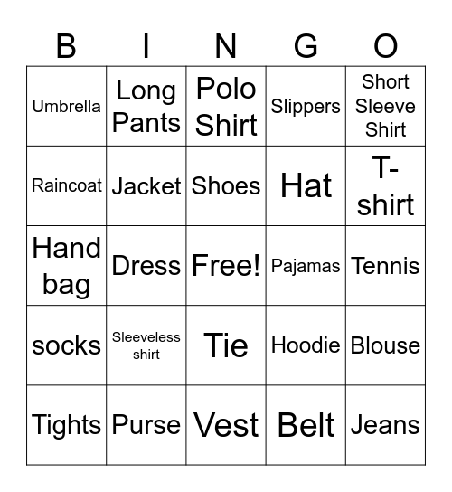 Clothes Names Bingo Card