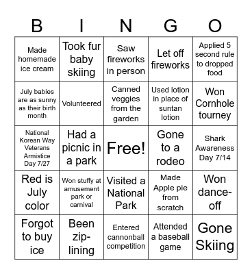 July Celebrations & Never Have Ever Bingo Card