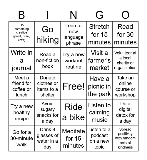 LifeStyle Bingo Card