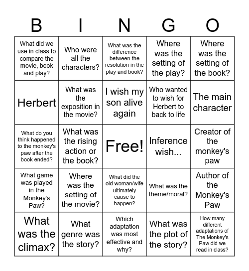 Monkey's Paw Bingo Card