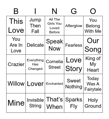 tswift songs at sams wedding Bingo Card
