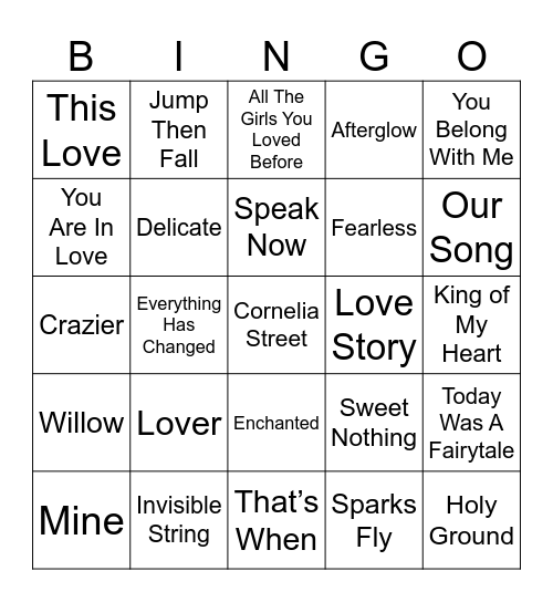 tswift songs at sams wedding Bingo Card